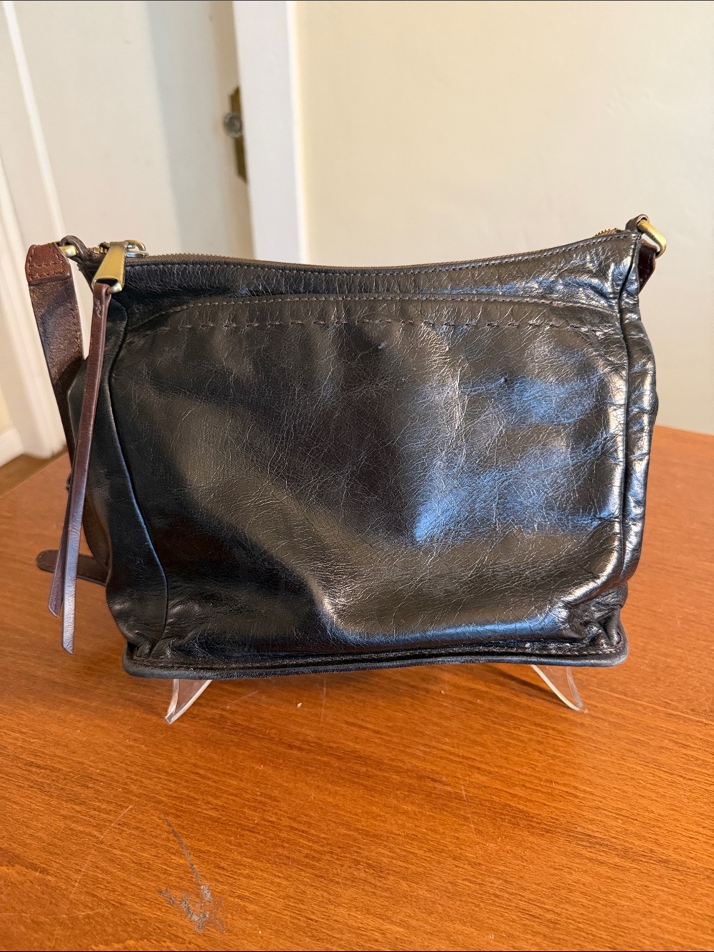 HOBO Black Leather Crossbody with Brass Accents